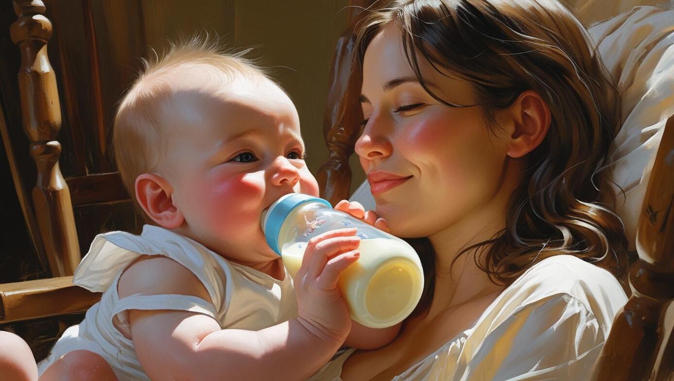 Baby drinking milk from bottle while mom is holding baby 