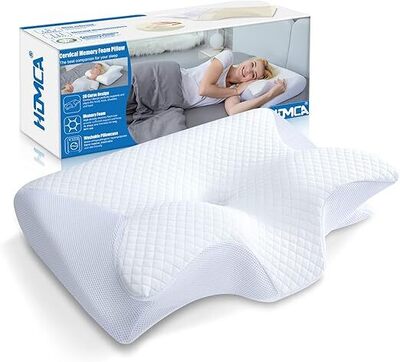 Cervical neck pillow, woman laying on it